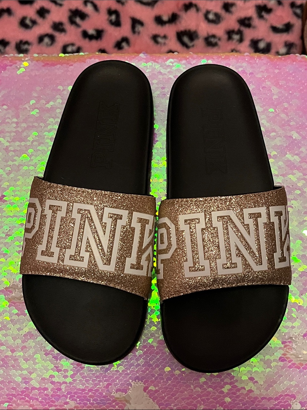NWOT PINK Victoria's Secret Glitter Gold Slide Sandals